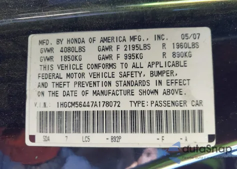 2007 Honda Accord 2.4 Lx from USA, damaged, VIN 1HGCM56447A178072